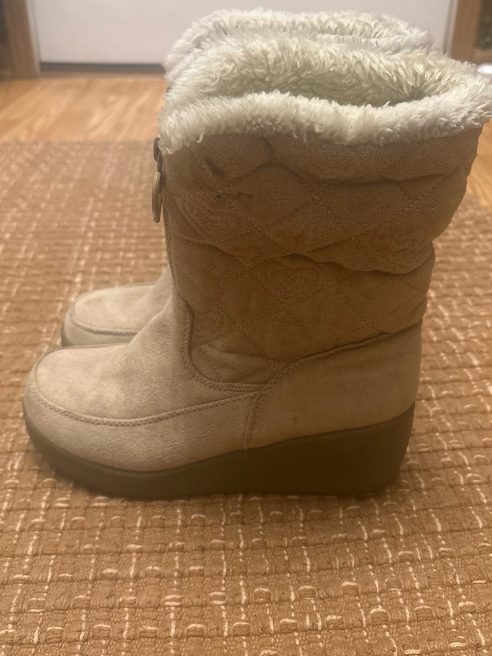 No Boundaries Cream Quilted Faux-Suede Wedge Winter Boots with Sherpa Cuff
